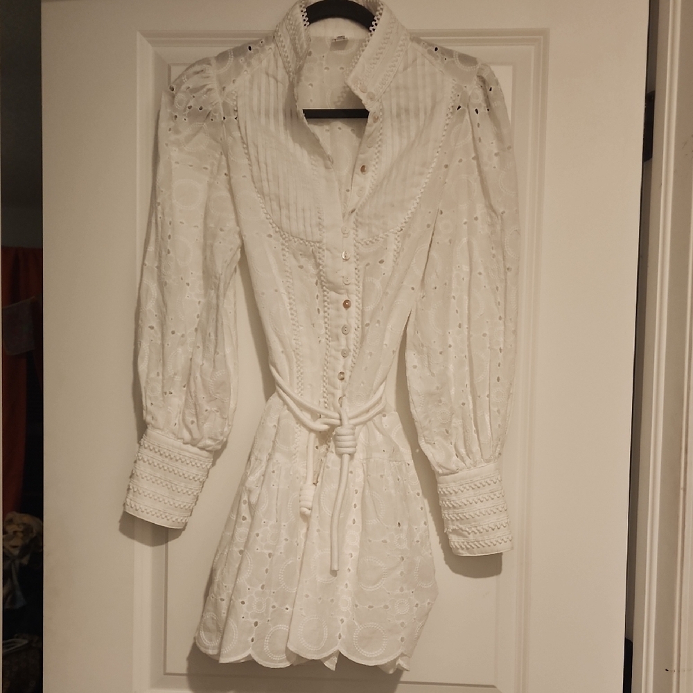 Aofur Womans Cotton Dress VNeck Airy Long Loose Sleeve Casual White Eyelet Mini